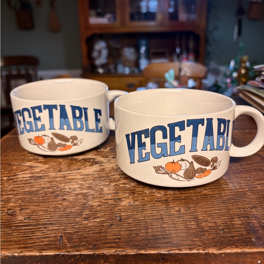 Vintage Vegetable Soup Mugs - Blue and Cream